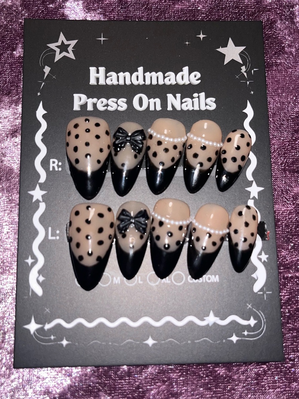 Handmade Beige and Black Polka Dot Press-On Nails with Bow Accent